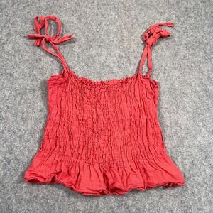 Scandal Coral Red‎ Linen Smocked Tie Shoulder Cropped Tank Top Women's One Size